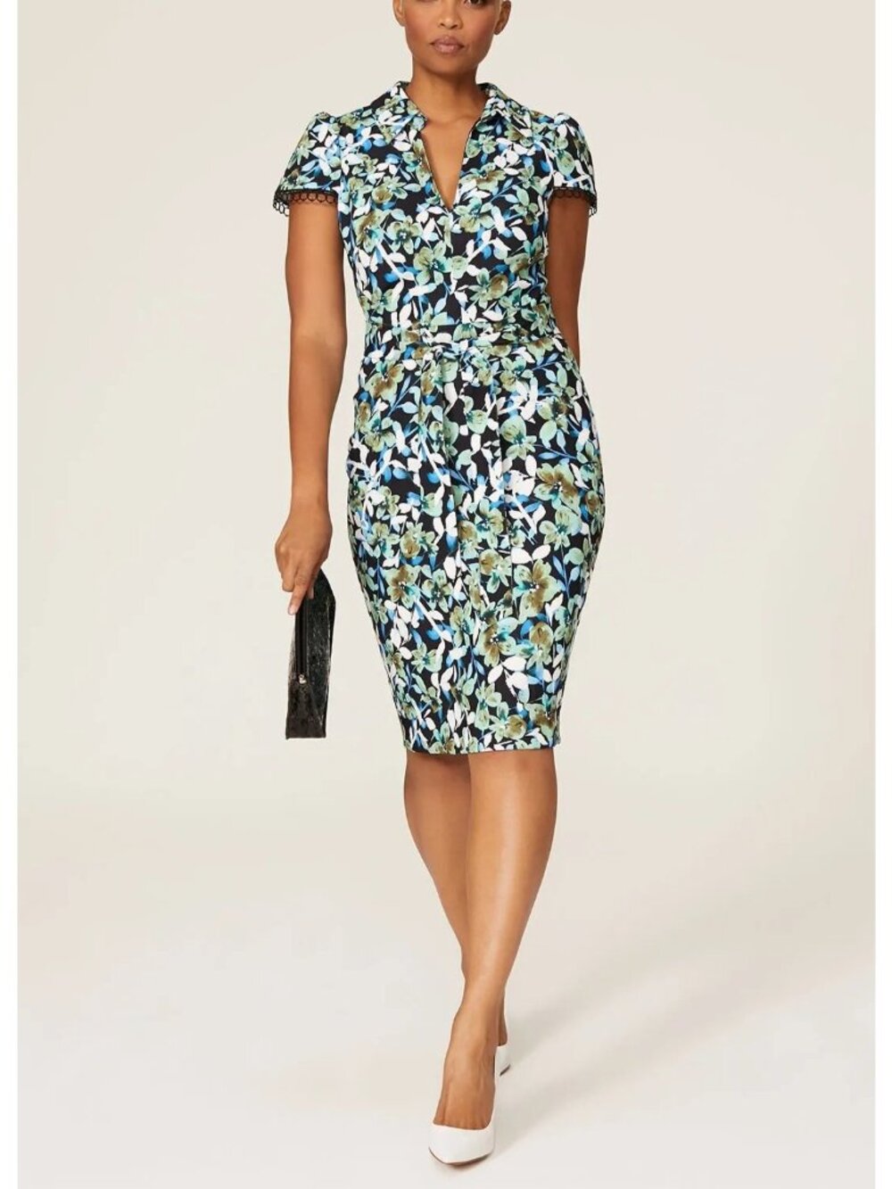 Badgley Mischka Size 22 Plus Blue Green Floral Lace Trim Sleeve Sheath Dress